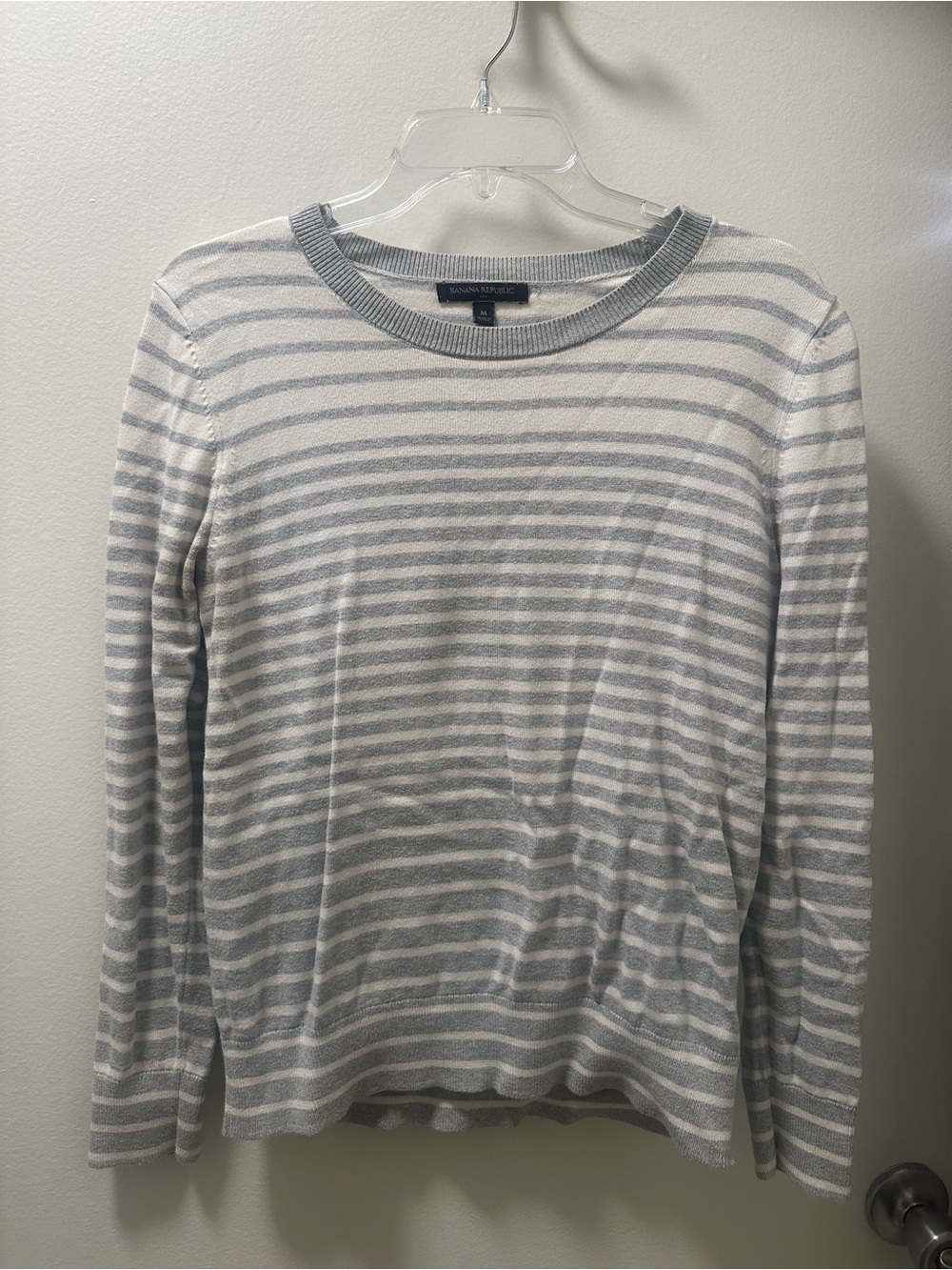 Banana Republic Light Gray & White Striped Crewneck Sweater